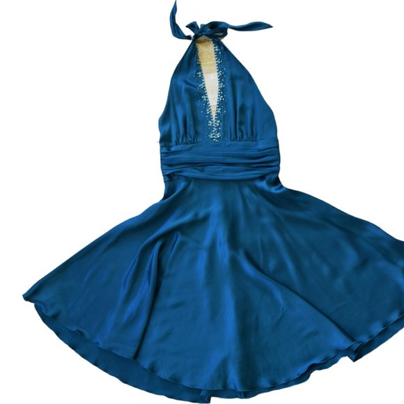 Teal Silk Halter Midi Dress Embellished Backless - Picture 7 of 10